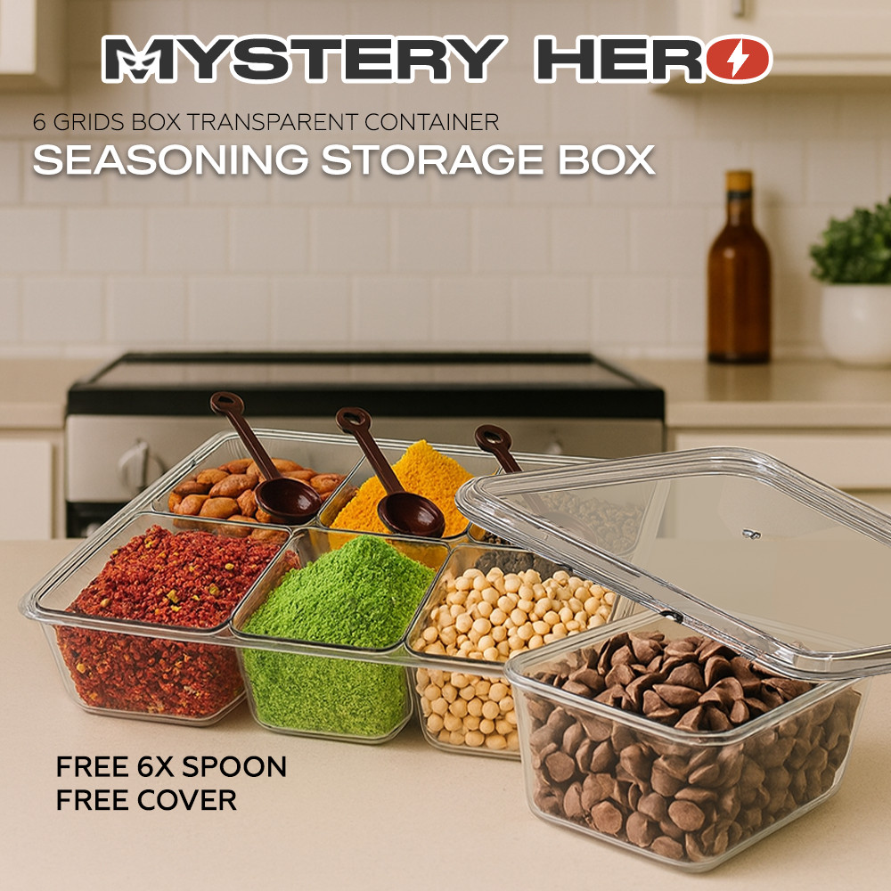 Mysteryhero 6 Grids Seasoning Storage Box Transparent Container | Bekas Simpanan Perasa 6 Ruang Lutsinar Dengan Penutup