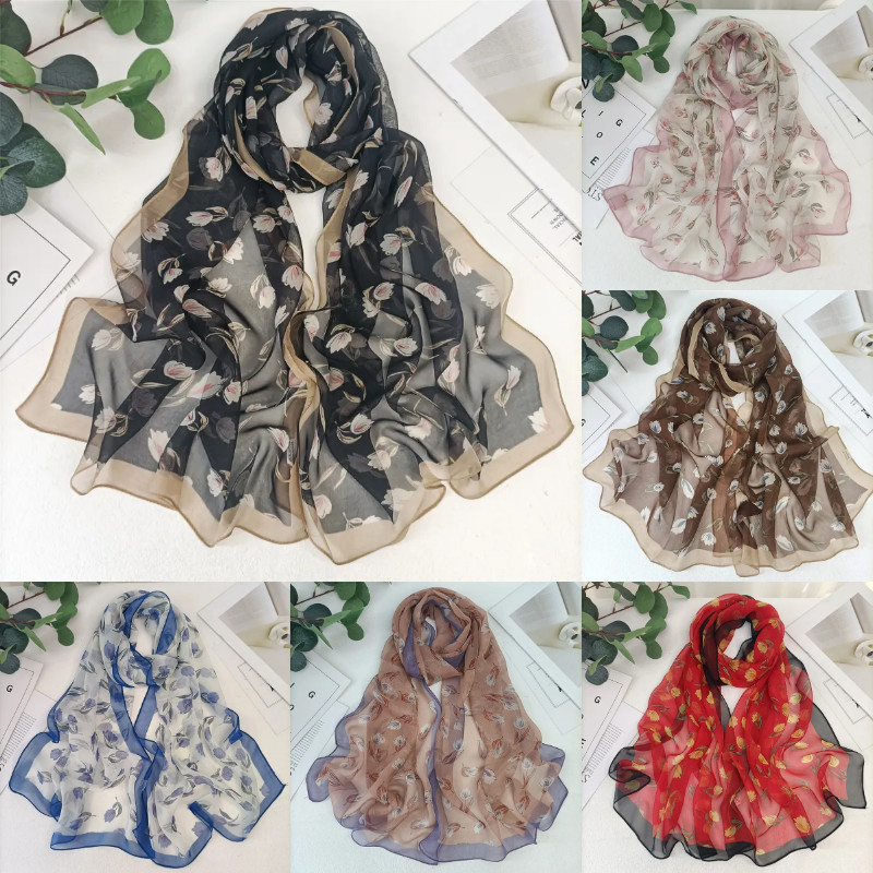 Printed Magnolia Shawl New Fashion Women Floral Printing Beach Georgette Scarf Shawls Female Long Wraps Sunscreen Hijab