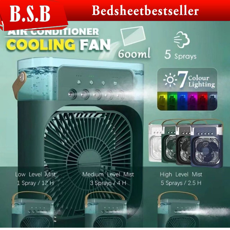 B.S.B Air Conditioner Cooling Fan With 5 Sprays 7 Color Light Portable Fan Air Cooler Kipas Mini Fan Air Humidifier
