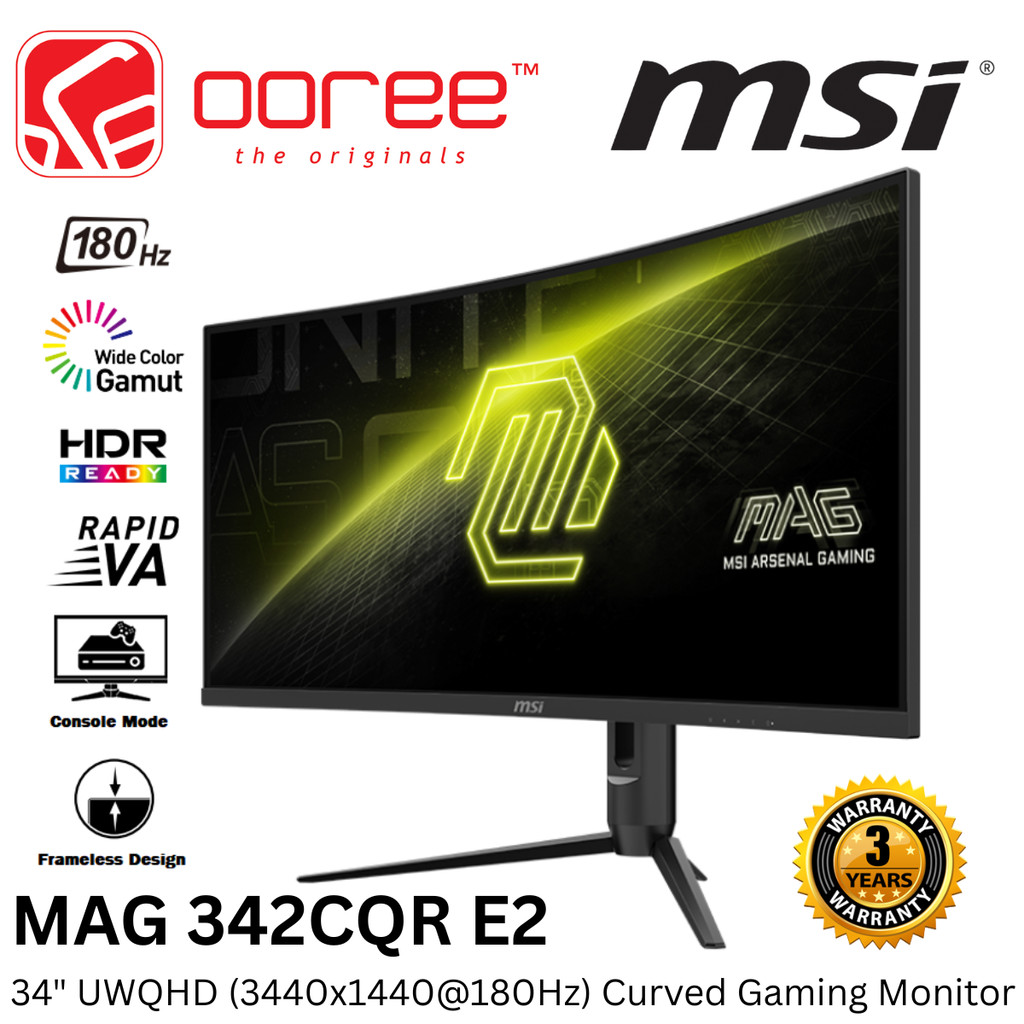 MSI 34" MAG 342CQR E2 UWQHD (3440x1440 @180HZ) VA LCD CURVED GAMING MONITOR (1MS, INPUT: HDMI+ DP, V