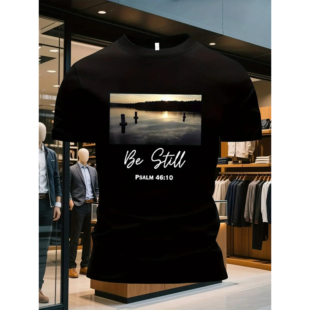 Men's Plus Size Black T-Shirt with Psalm 46:10 Verse Print - Be Still Religious Apparel, Soft Breath