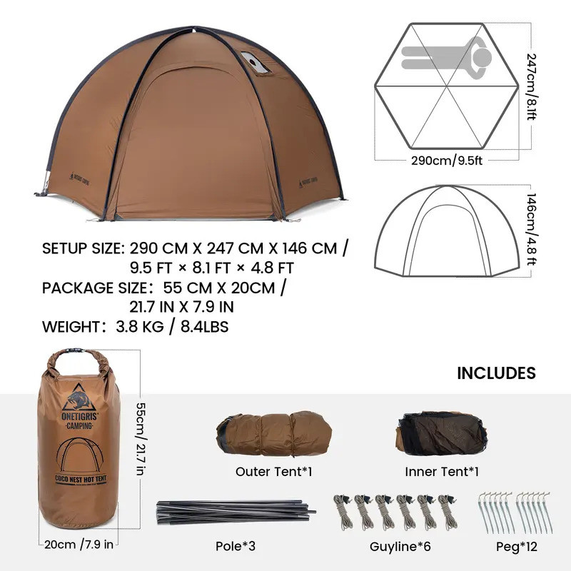 Well-made OneTigris Coco Nest Solo Dome Tent with Stove Jack 3000mm Waterproof Camping Hot Tent with Mesh Inner for Bushcraft Glamping