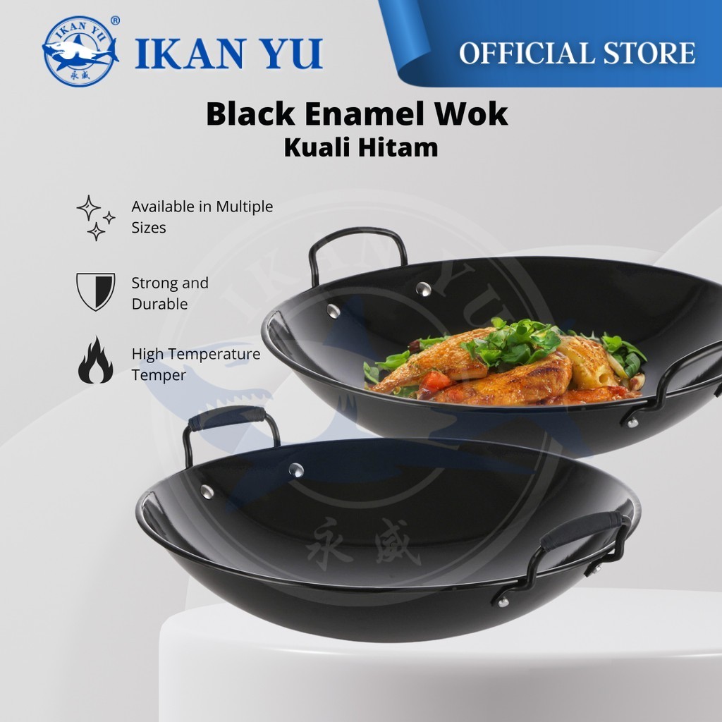 YU Online - Enamel Kuali Hitam Tak Melekat / Black Enamel Wok / Iron Wok / Kuali Tahan karat / Kuali Hitam / Kuali Besi