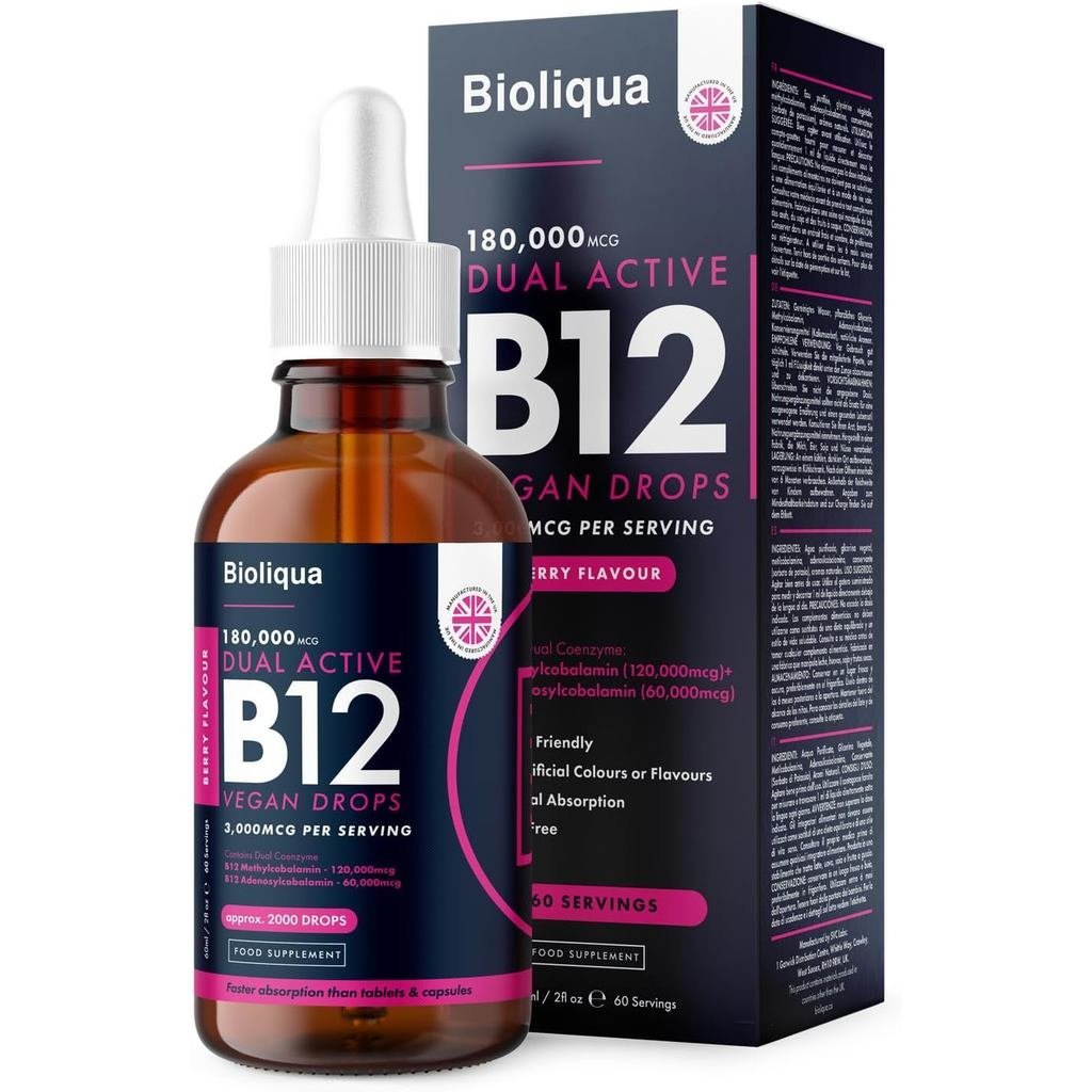 Tetes Cecair Vitamin B12 - Vegan - Kekuatan Tinggi 3000mcg - Bekalan 2 Bulan - 60 Hidangan - 18,000mcg setiap Botol Penitis 60ml - Sublingual & Tindakan Berganda untuk Penyerapan Cepat - Dihasilkan di