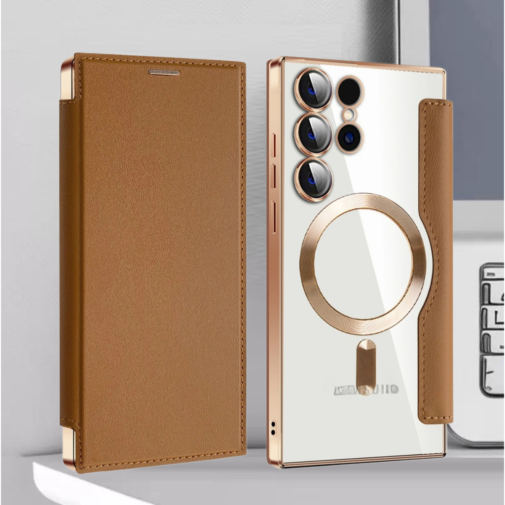 Luxury Leather Magnetic Charging Phone Case for Samsung Galaxy S25 Ultra S25 Edge S24 Plus S23 FE S22 Card Slot Wallet Transparent TPU Back Cover