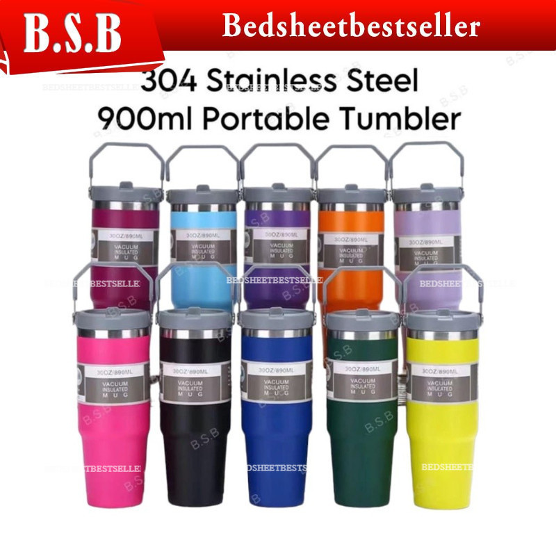 900ml 304 Stainless Steel Handheld Thermos Insulated Vacuum Tumbler Mugater Bottle with Straw Handle cawan termos