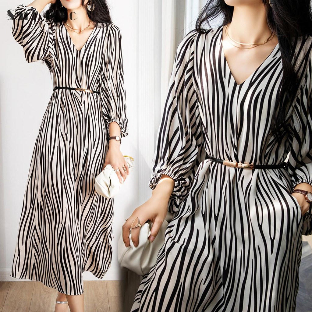 SARICHIC  Black and White Striped Long Dress Summer Waist Slimming V-Neck Puff Sleeve A-Line Long Dress -99191