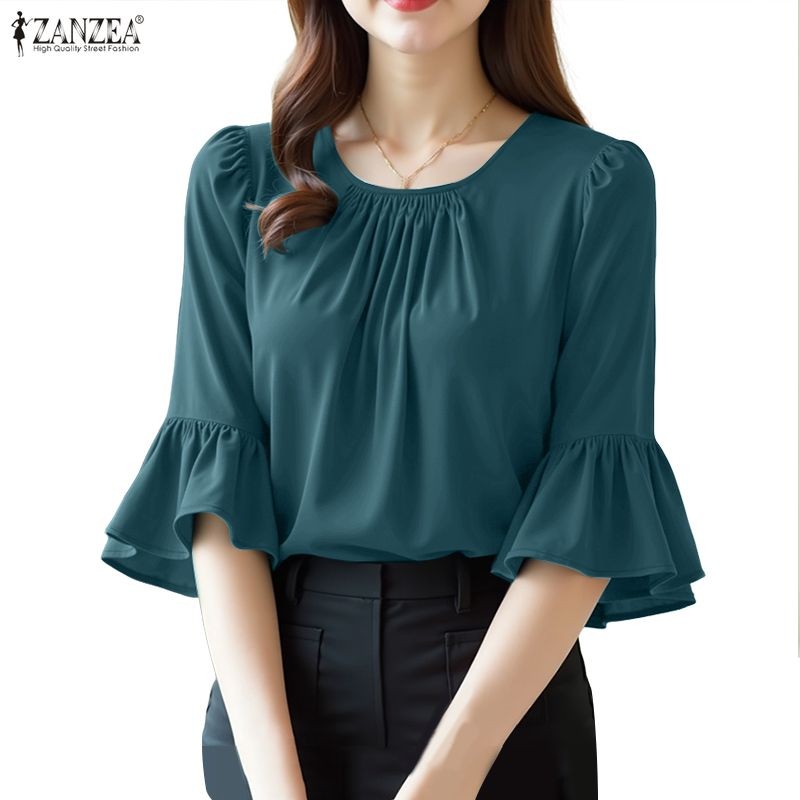 ZANZEA Women Korean Casual Solid Pleat O-Neck 3/4 Ruffle Sleeve Blouses 