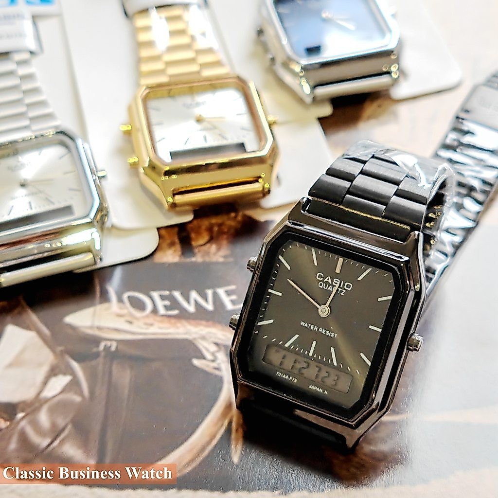 ( 2 YEARS WARRANTY ) Vintage AQ-230 Gold/Black/Silver Stainless Strap 30 Meter Dual Time Quartz Watch