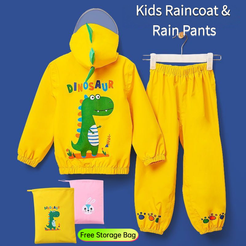 Set 2 Helai Pakaian Hujan Kanak-Kanak Lelaki & Perempuan, Set Dua Bahagian Baju Hujan + Seluar Hujan Kaki Bergetah Kalis Air Penuh, Tahan Lebat Sesuai Untuk Bayi Tadika Main Air, Bahan Kalis Air Sepenuh Badan