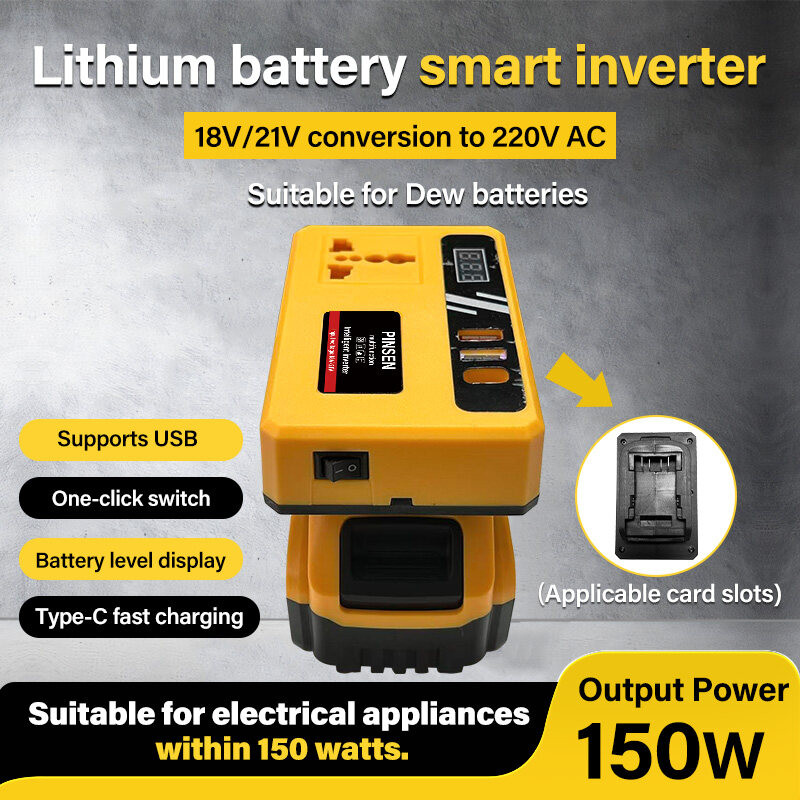 150W Upgraded version inverter DC 18V/21V To DC 220V with 2USB /1Type-C Port for DeWalt 20V Battery Transformer