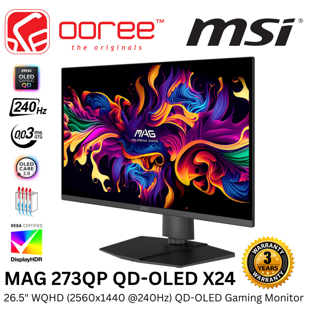 MSI 26.5" MAG 273QP QD-OLED X24 WQHD (2560X1440 @240HZ) LCD GAMING MONITOR (0.03MS, INPUT: HDMI+ DP,