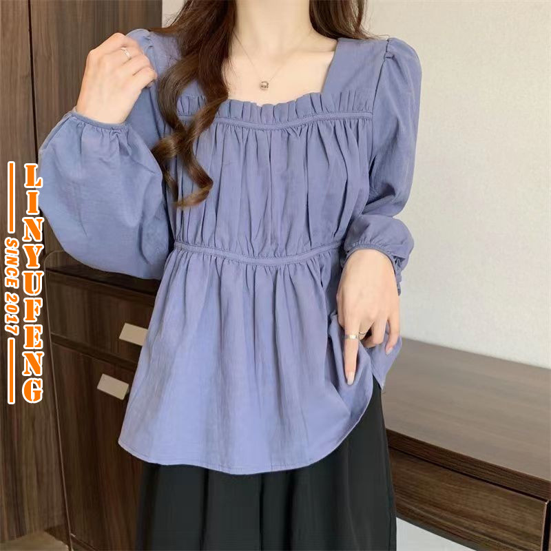 ?Linyufeng? Ruffle Blouse Women Square Neck Korean Style Puff Long Sleeve Pleated Waist Loose Classy Elegant Ironless Fitted Casual Ladies Shirt Peplum Top Baju ootd Kemeja Lengan Pendek Perempuan Wan