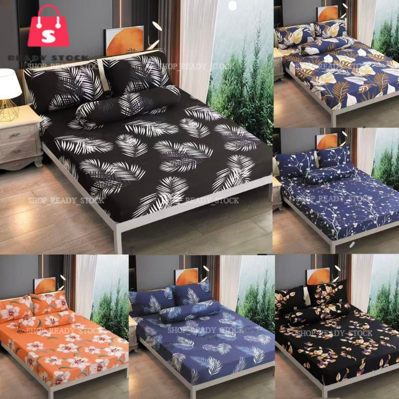 RSS_ PREMIUM COTTON BEDSHEET 4 IN 1 QUEEN / 2 IN 1 SINGLE / FITTED GETAH KELILING CADAR SARUNG KATIL SARUNG TILAM