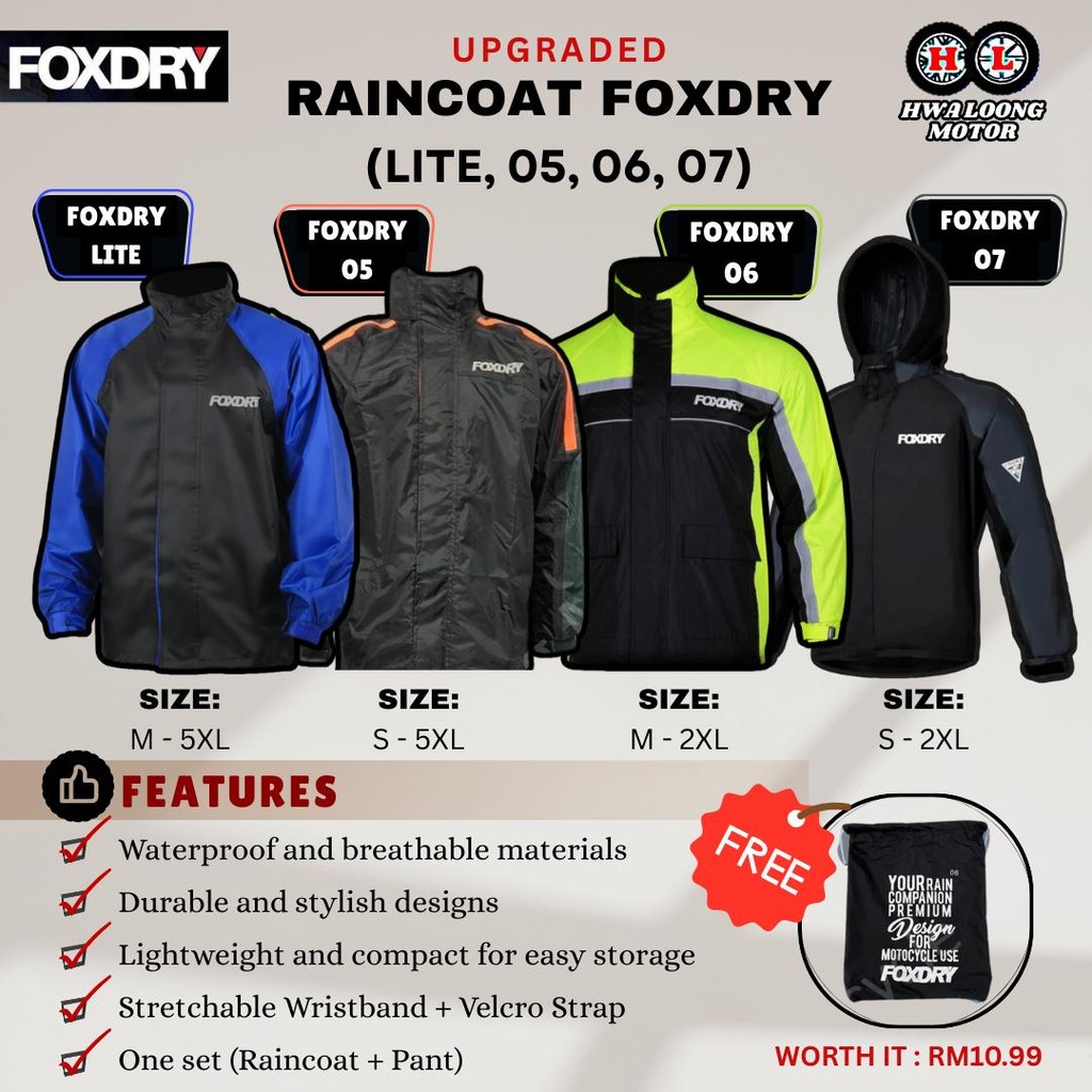 RAINCOAT FOXDRY SET Foxdry Lite, 05, 06 V2 & 07 PREMIUM SET (FOXDRY Set Baju & Seluar Original )-Raincoat Kalis Air