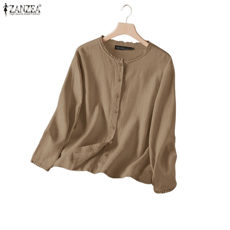 ZANZEA Women's Autumn Vintage Crew Neck Ruffle-Sleeve Shirt