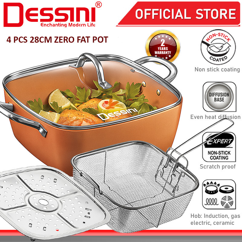 DESSINI ITALY 4 Pcs Zero Fat 28CM Pot Induction Aluminium Copper Casserole Deep Fry Pan Wok Bowl Basket PERIUK + Steamer