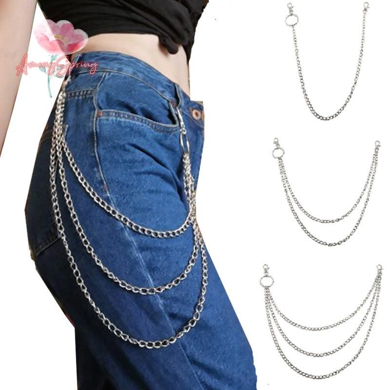 AmongSpring> 1/2/3 Layer Long Metal Belt Chain Rock Punk Hook Trousers Pant Waist Link Metal Wallet Chain Keychain Ring Clip Keyring HipHop Jewelry new