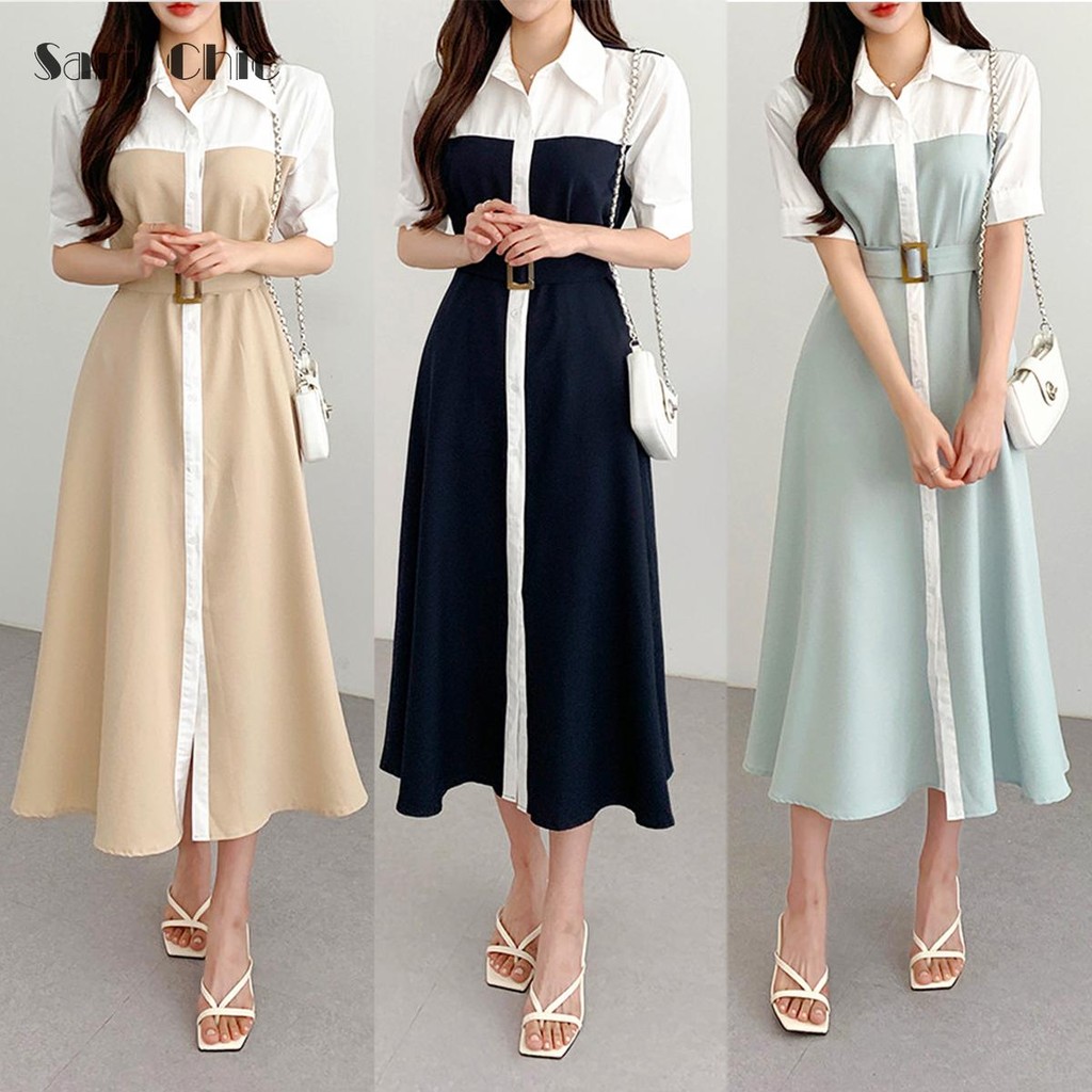 SARICHIC Baju Dress Wanita Gaya Korea Retro Dengan Lipatan Kontrast Dan Jaitan Pinggang Pendek Lengan -99176
