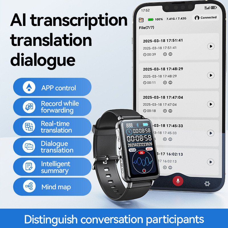 S18A-AI Voice Recorder ChatGPT Intelligent Transcription Translation Recording Pen APP Control Recording Watch