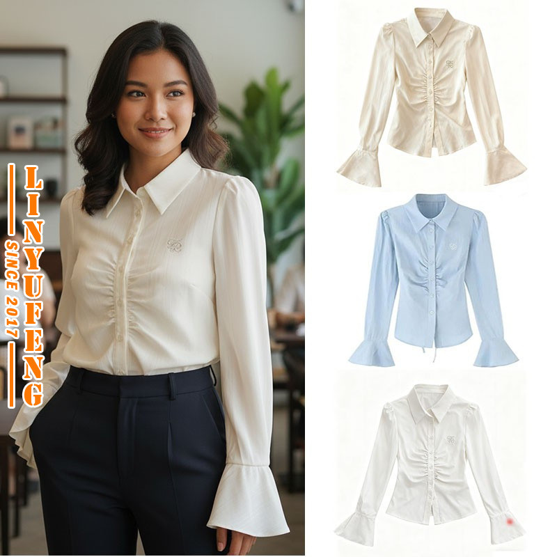 ?Linyufeng? Tunic Blouse Women Outfit Office Wear Korean Style White Blue Classy Elegant ironless Ladies Slim Waist Pleated Long Bell Sleeve Shirt Top Baju ootd Kemeja Lengan Panjang Perempuan Wanita 