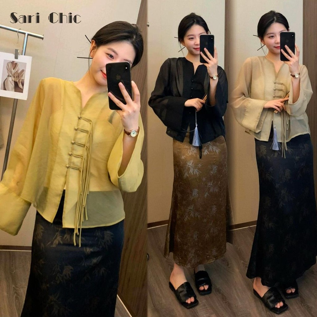 SARICHIC Kemeja Wanita Elegan Gaya Cina, Rekaan Butang, Baju Sifon Klasik-99163
