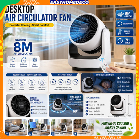 HYUNDAI Table Fan 8M Air Supply Remote Control Desktop Fan Automatic Oscillation Strong Wind Quiet Cooling Fan
