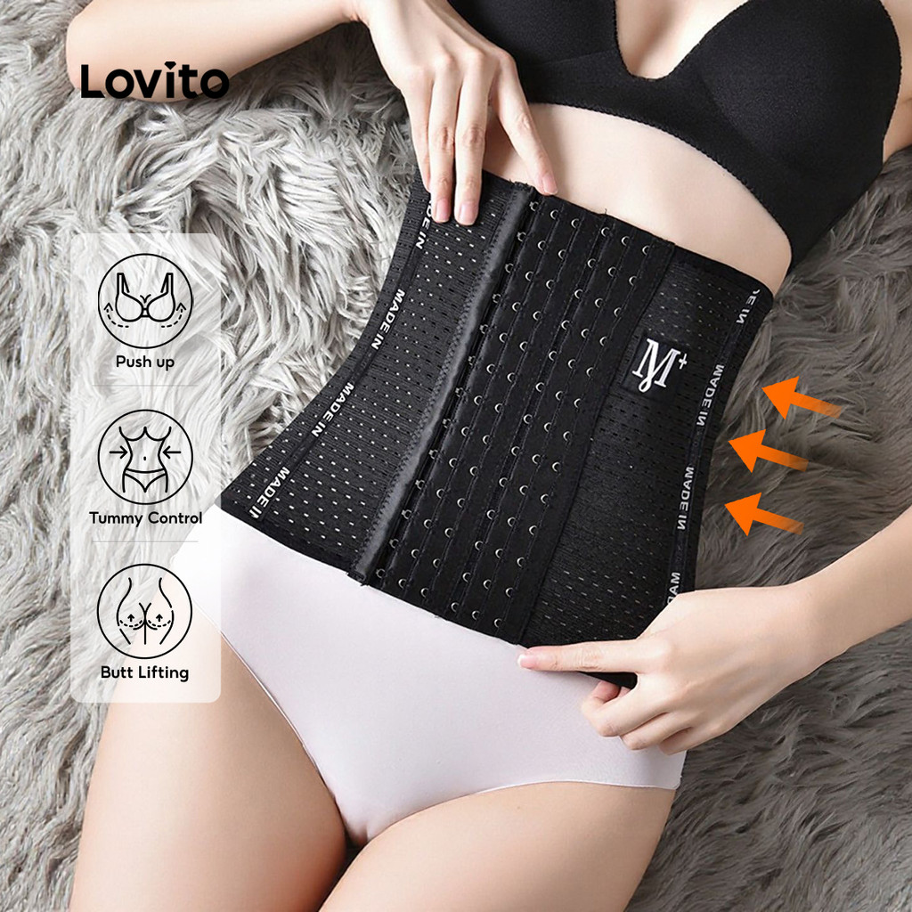 Lovito Casual Shapewear Letter Print Breathable Sweat Band Girdle Waist Trainer Corset for Women L00004 (Black/Beige)