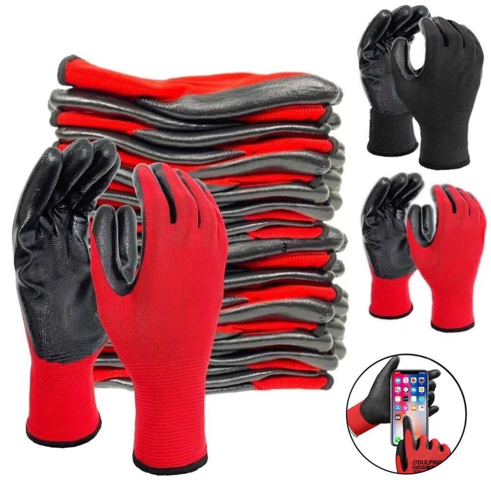 12 Pairs Nylon Safety Working Gloves Premium Nitrile Coated Gloves Labor Protection Gloves Rubber Coated Universal
