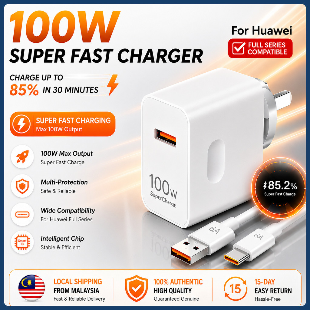 100W Super Fast Charger For Huawei Honor UK 3 Pin Full Set Adapter + 6A Type-C 1M Cable