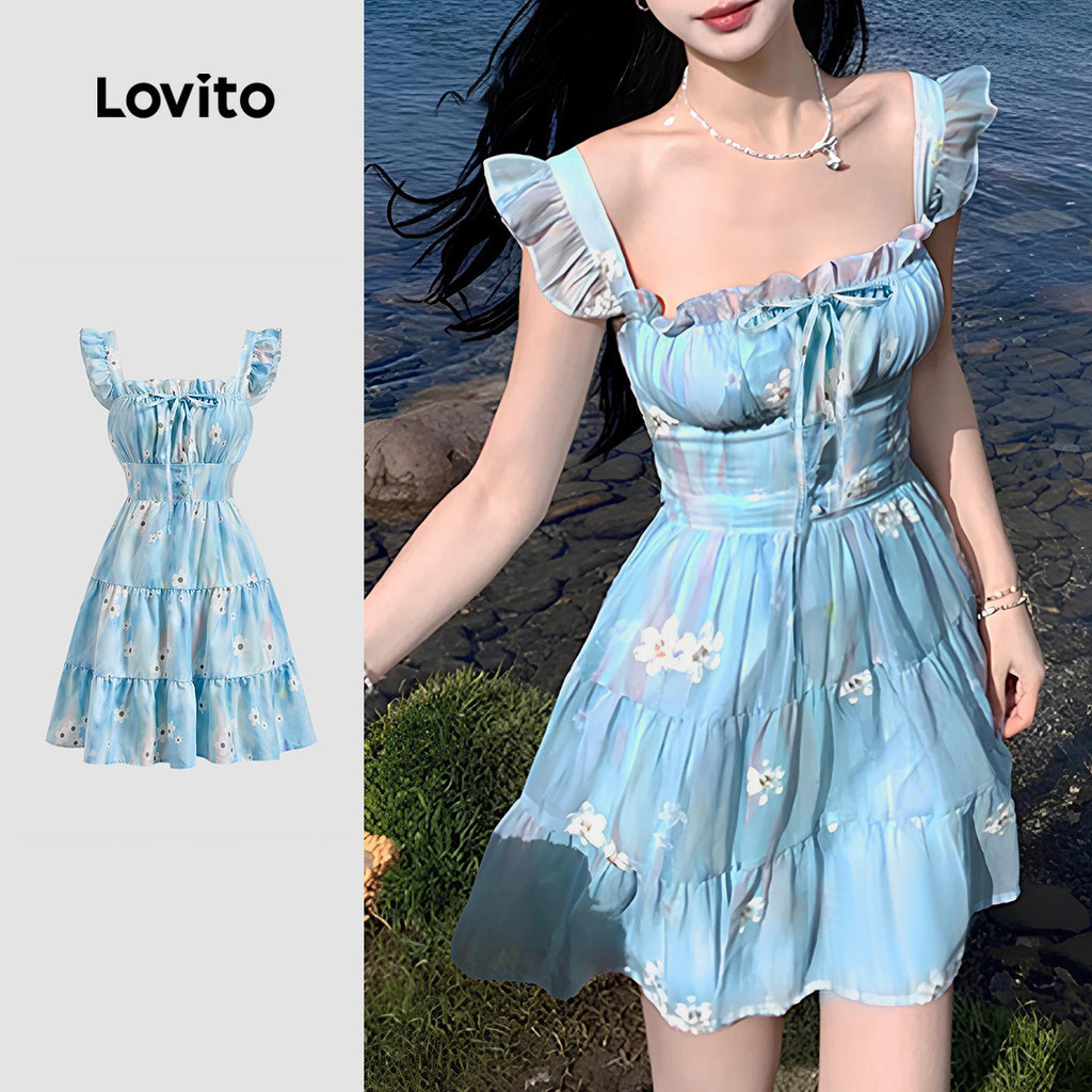 Lovito Casual Dress Floral Ruffle Tiered Layer Lace Up Summer/Spring Dress for Women L131LD1277 Lovito Pakaian Kasual Lapisan Berperingkat Ruffle Bunga Bertali Pakaian Musim Panas/musim Bunga Untuk Wa