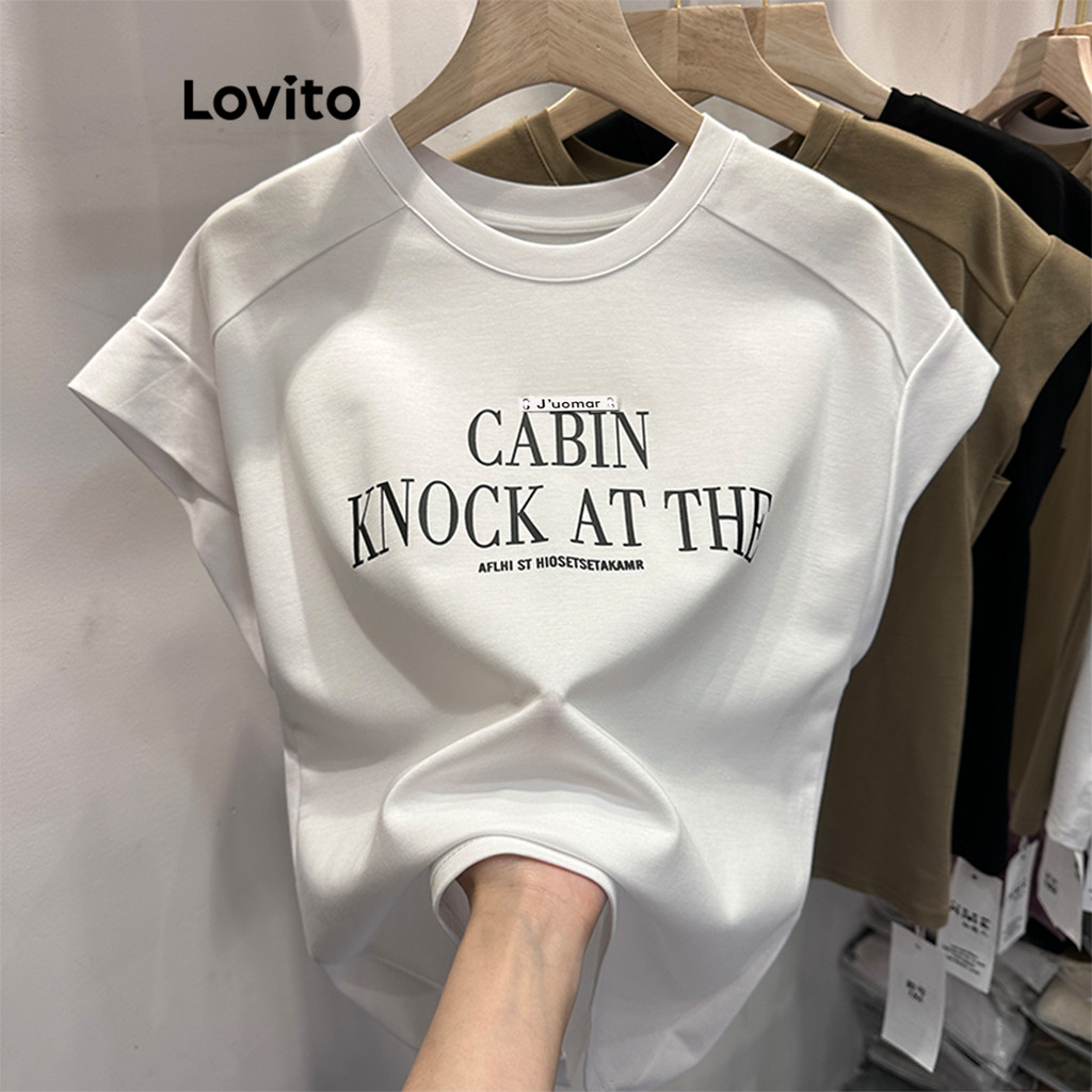 Lovito Casual T-Shirt Letter Padded Basic T-Shirt for Women LNA24019 (Khaki/White/Black)