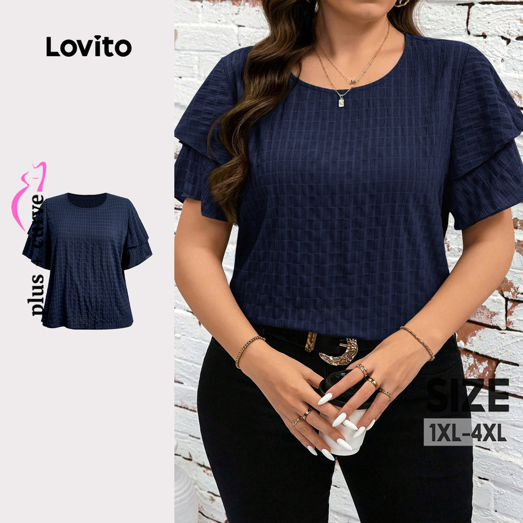 Lovito Casual Blouse Ruffle Simple Spring/summer Deep Blue Blouse for Women LBL29293 Lovito Blus Kasual Ruffle Sederhana Musim Semi/panas Biru Tua untuk Wanita LBL29293