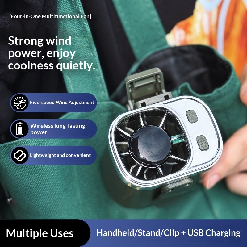Kipas gantung tanpa bilah, kipas klip boleh dicas semula melalui USB, kipas mini mudah alih untuk kegunaan luar, meja, dan genggam.