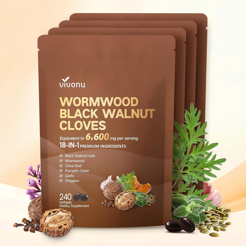 18 in 1 Black Walnut Ai Ai Ai Body Cleaner, 320 Days Volume, 6600mg, Quick Intestinal Cleaning and Digestive Health, Containing Clove, Garlic, Turmeric, Pumpkin Seeds, Oregano, Lutein, etc., 4 Bags