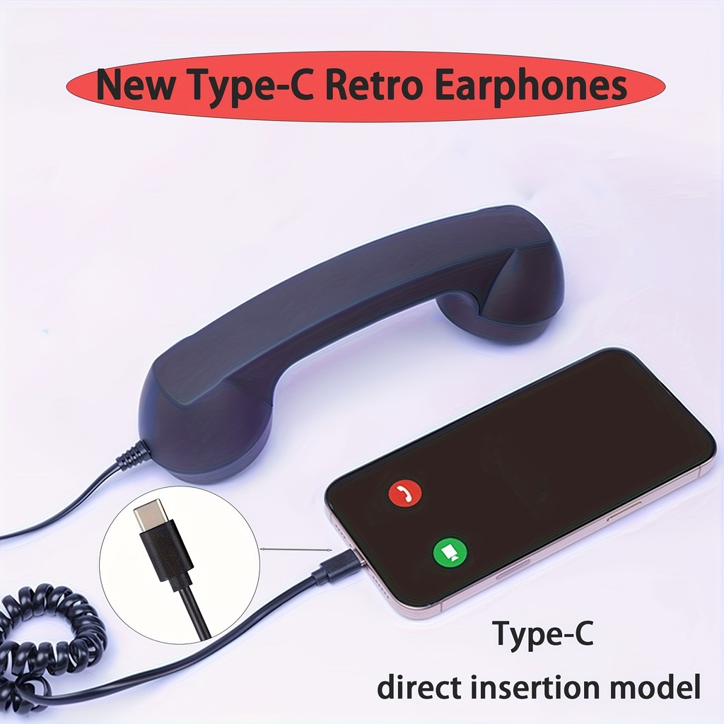 New Type-c Retro Wired Headset, -Classic Landline Receiver Design, Retro Style, with Microphone -Type-c Straight Jack, No Need To Convert, No Tangled Cables, Volume Control