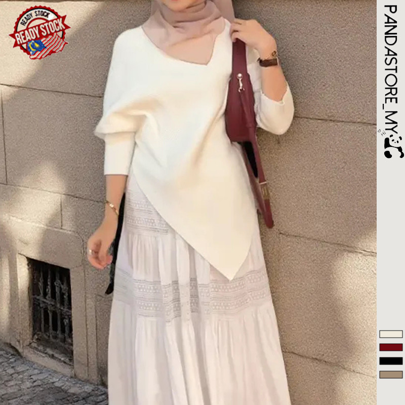 ??READY STOCK Korean Style Irregular High Neck Sweater for Women Minimalist Casual Long Sleeved Knit Sweater