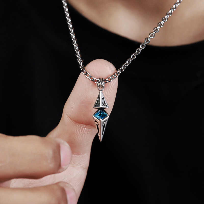 Blue Wishing Stone Pendant Titanium Steel Necklace Man Unisex Cool Hip Hop Chain Necklace