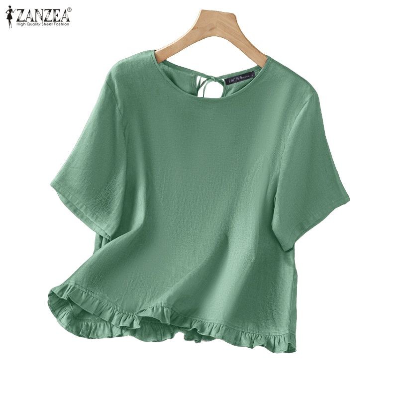 ZANZEA Women's Korean Round Neck Short Sleeve Solid Color Hem Ruffle Blouse