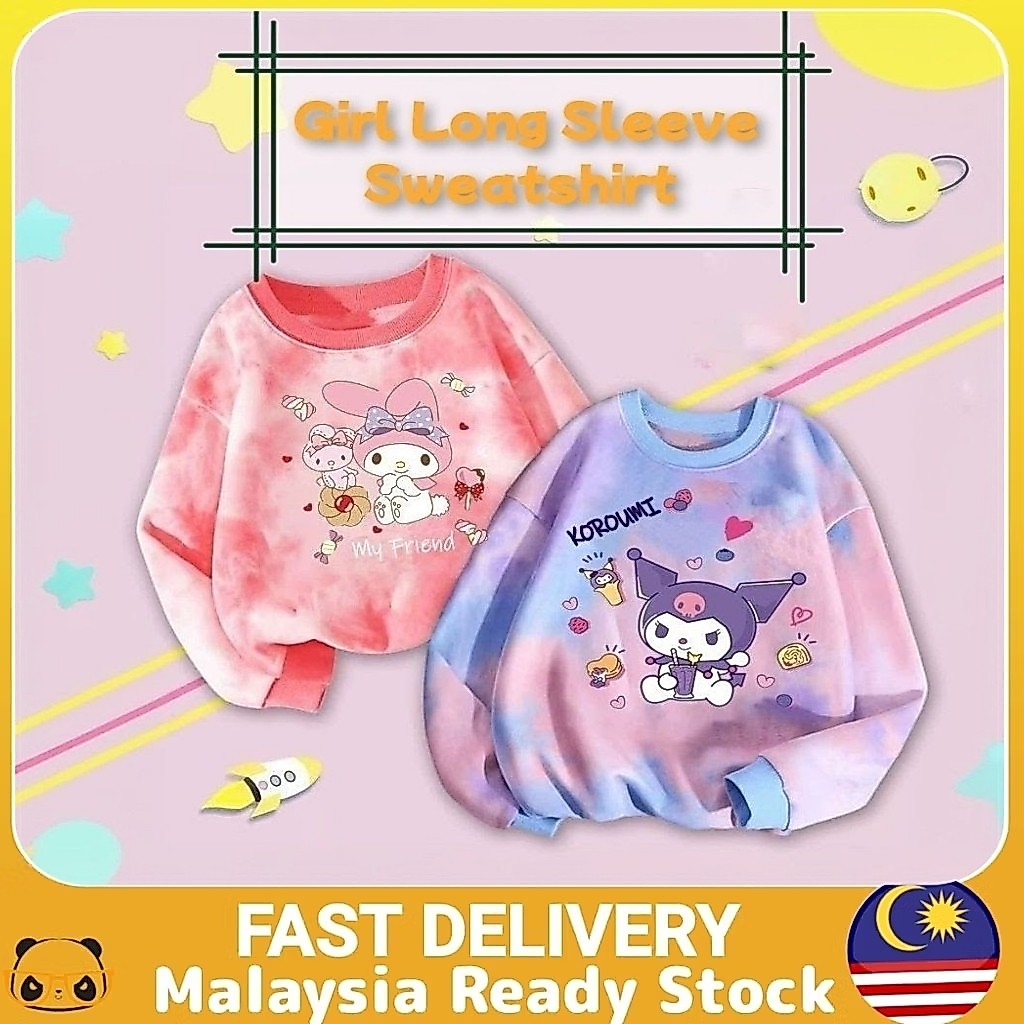 Baju Peluh Lengan Panjang Budak Perempuan Kid Girl Long Sleeve Sweatshirt Sweater Cartoon Casual Top Tie Dye Jacket