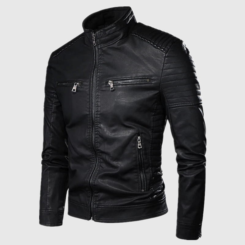 Men's Motorcycle Style Jacket Fashionable Slim Fit Stand Up Collar Trendy Leather Jacket Waterproof