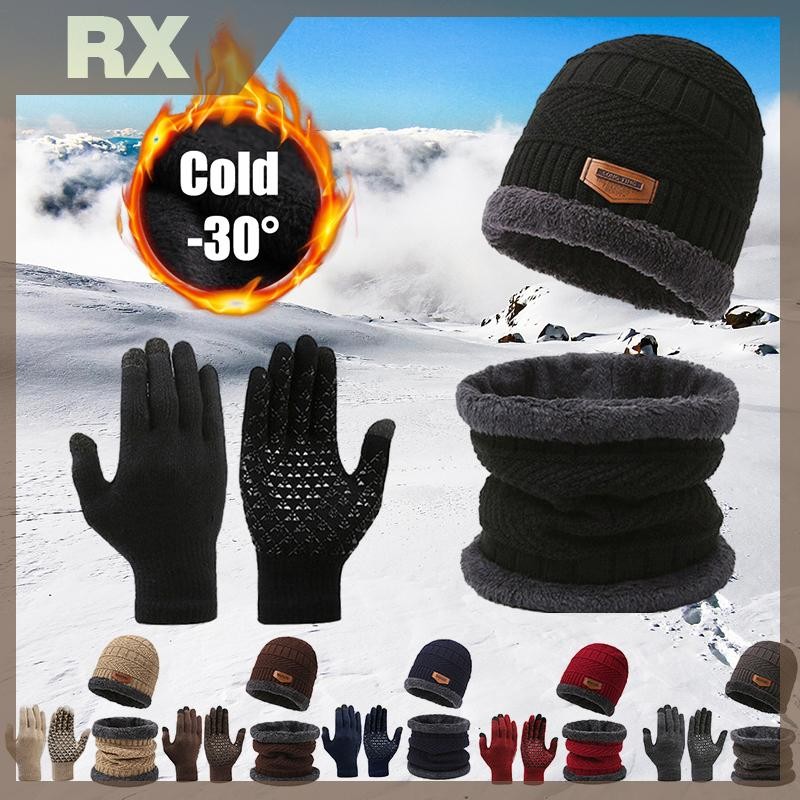 null 3Pcs/Set Winter Warm Cap Scarf Gloves Men Thermal Windproof Thickened Knit Hats For Running Cycling Outdoor Sports null