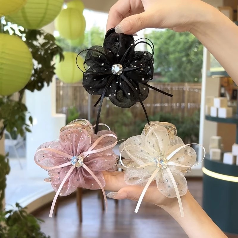 Bow Mesh Ribbon Flower Hairpin
