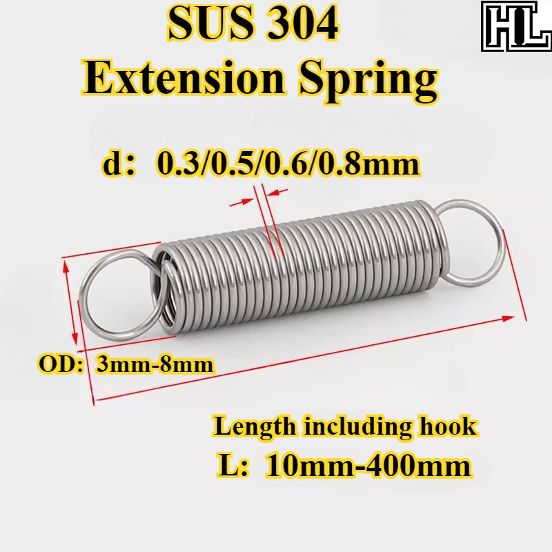 [HL-TZLH] 304 Stainless Steel, Tension Spring with Hook, Tension Spring (WD0.3mm/0.5mm/0.6mm/0.8mm * OD3mm-8mm * L10mm-400mm) Tension Spring