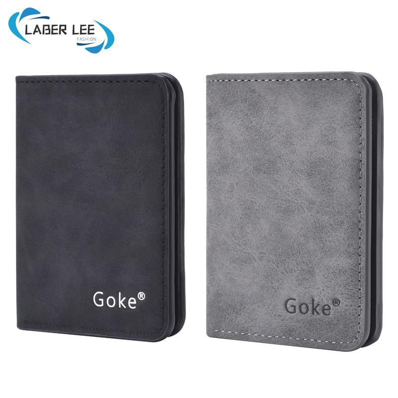 LABER LEE Men’s minimalist slim bifold wallet, vintage matte leather compact short card holder purse with ID photo window, ultra-thin pocket wallet for men’s daily use