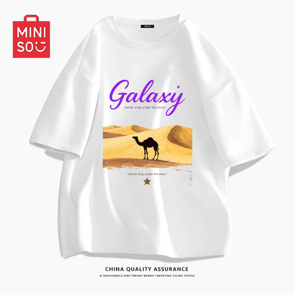 MINISO 100% Cotton Tshirt |Desert Camel Graphic | Galaaksi Vibe With Unta & Pasir Elements | Unisex Loose Round Neck