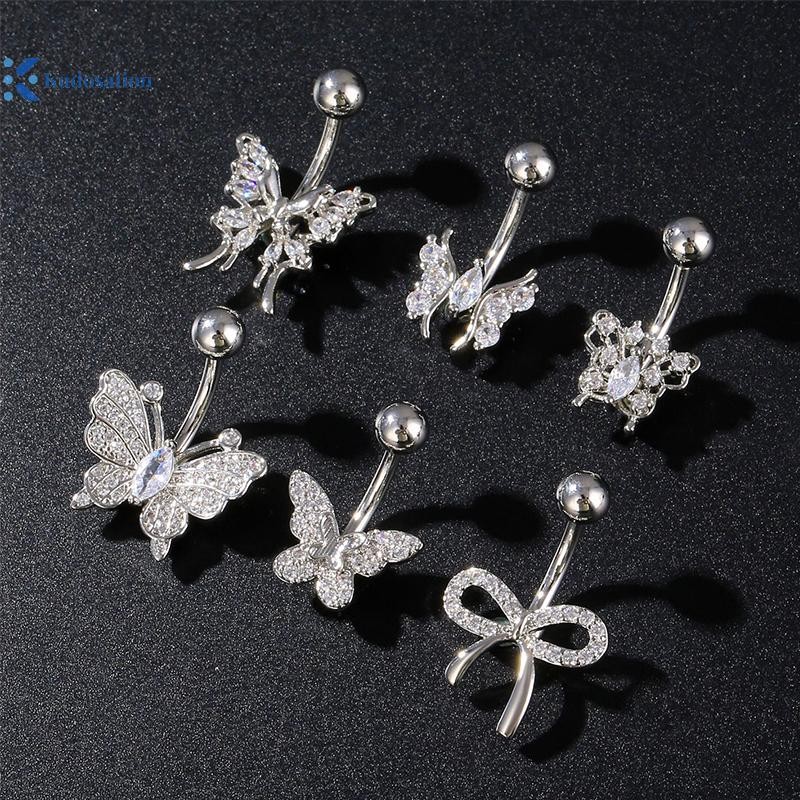 Kudosation Fashion Butterfly Bow Belly Button Rings Stainless Steel Zircon Navel Piercing Ring For Women Girls Sexy Body Jewelry Gifts Nice