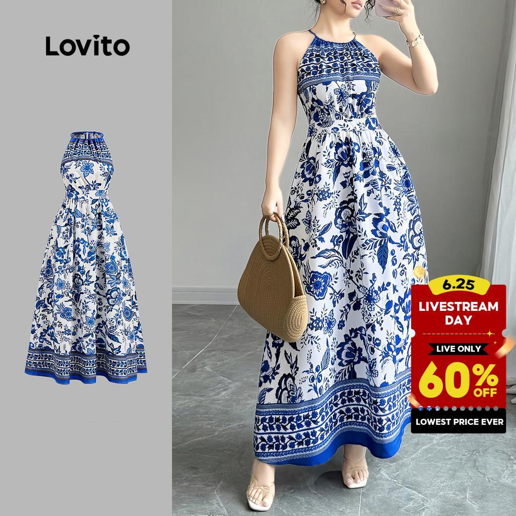 Lovito Boho Dress Tie Back Spring/summer Blue and White Dress for Women L143ED165 Gaun dengan Tali Belakang Musim Bunga/panas Gaun Biru dan Putih untuk Wanita L143ED165