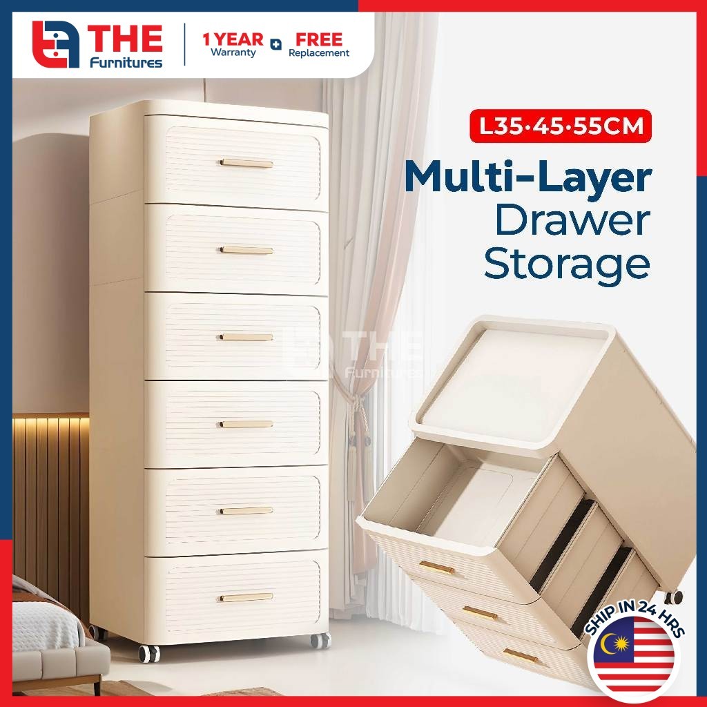 THE L35-55cm (3-6 Layers) Multipurpose Moveable Plastic Drawer Cabinet Storage Box With Pulley