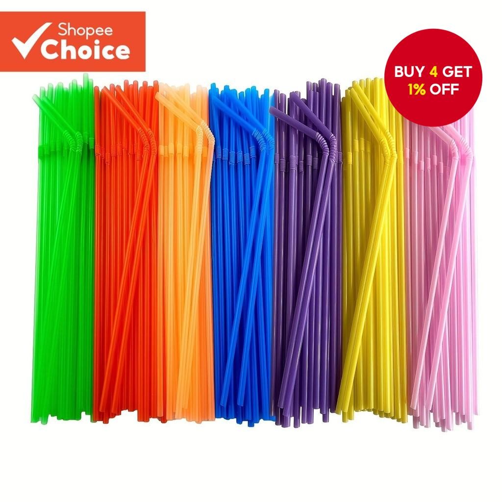 100/500pcs Flexible Plastic Straws Red Orange Yellow Green Pink Blue Purple One-Time Use